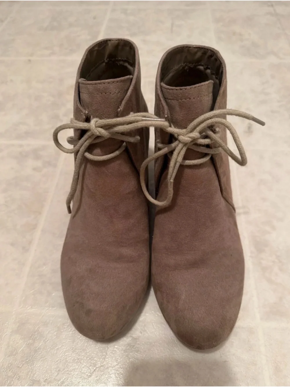 new directions Taupe Suede Lace-Up Ankle Wedge Booties